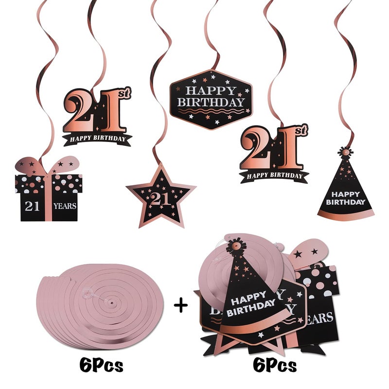 LINGTEER Happy 21st Birthday Decorations,21st Birthday Black with Rose Swirls Hanging Streamer Kit,Cheers to 21 Years Old Bday Foil Party Photo Backdrop Supplies. - Image 3